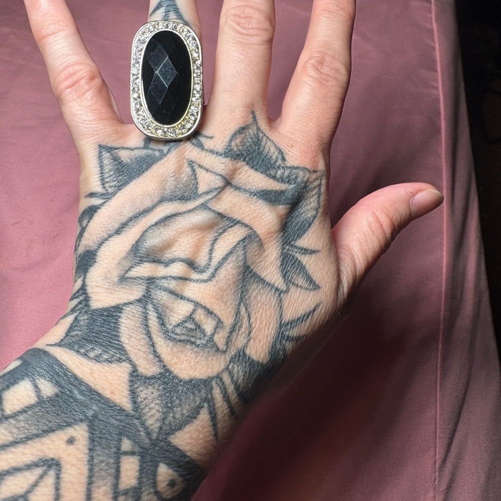 Park Lane Black Oval Stone Ring with Clear Accent Stones